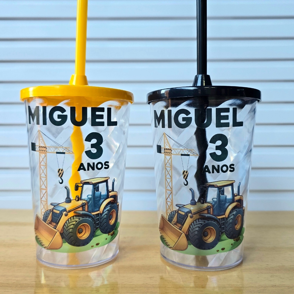 Copo twister Personalizado Trator / Construção 500ml com tampa e canudo - Lembrancinhas para festa em Oferta na Shopee