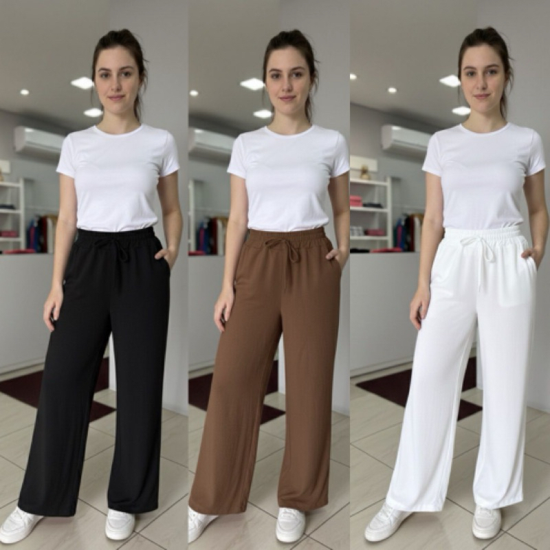 Calça Pantalona Feminina Com Bolso  Cintura Alta Flare Bolsos