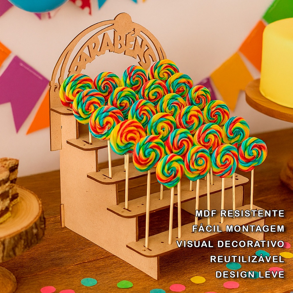 Piruliteiro Escadinha MDF Cru – Porta Pirulitos e Tubetes Festa Mesa Doces Decorativo Torre 4 Andares MDF