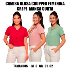 CAMISA CROPPED BLUSA FEMENINA CREPE MANGA CURTA COM BOTÃOS