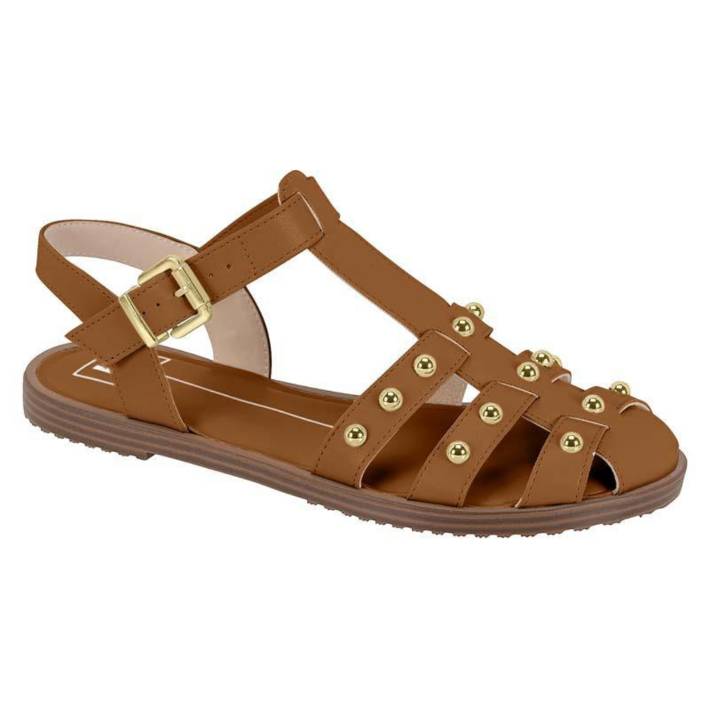 Sandália Gladiadora Feminina Caramelo com Detalhes em Tachas Douradas Fivela Ajustável  Confortável