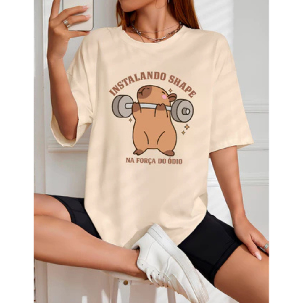 Camiseta Capivara Treino Instalando Shape Na Força Do Ódio Humor Academia Oversized Feminina Algodão em Oferta na Shopee