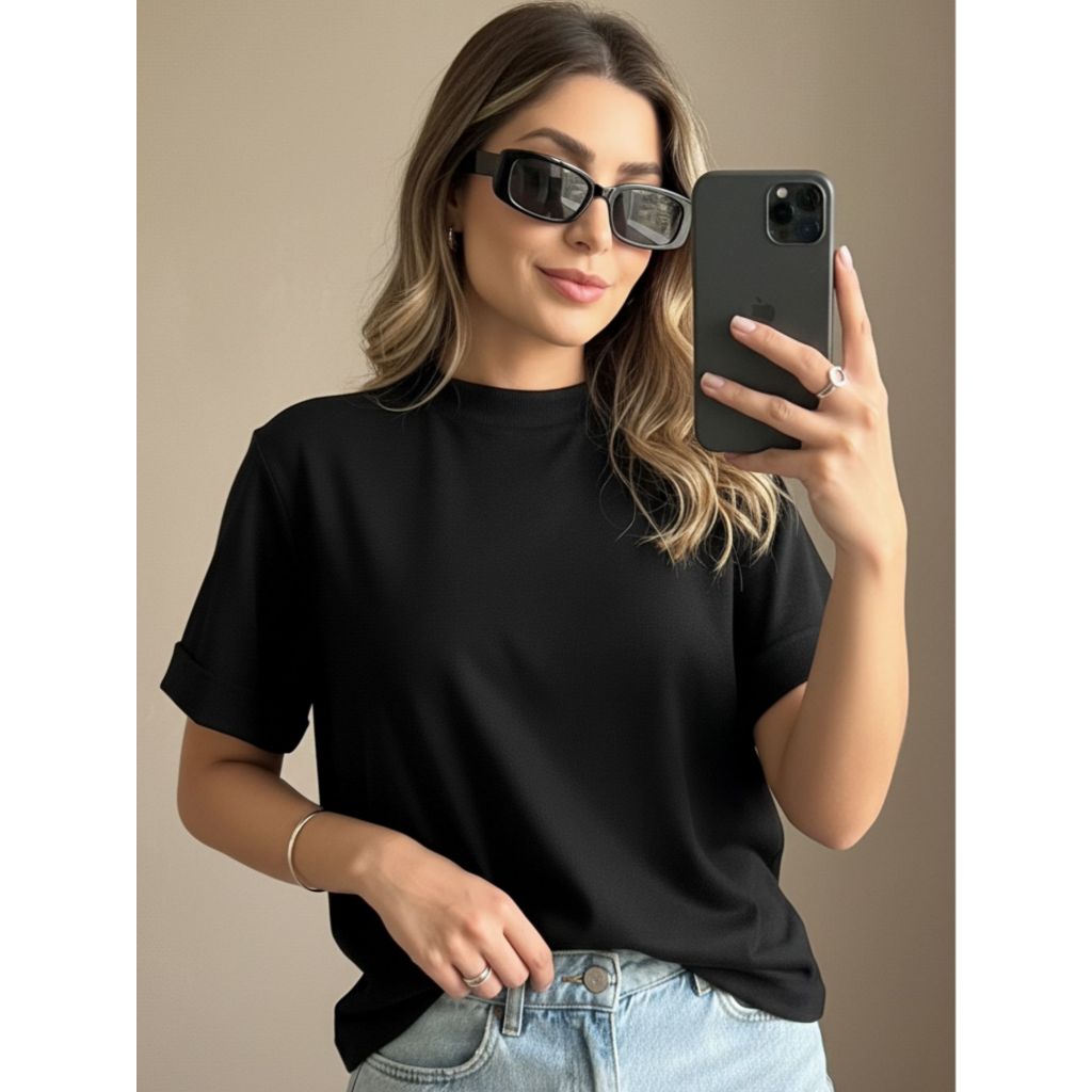 T-Shirt Blusa Gola Alta 100% Algodão Feminina Blusinha Verão Básica
