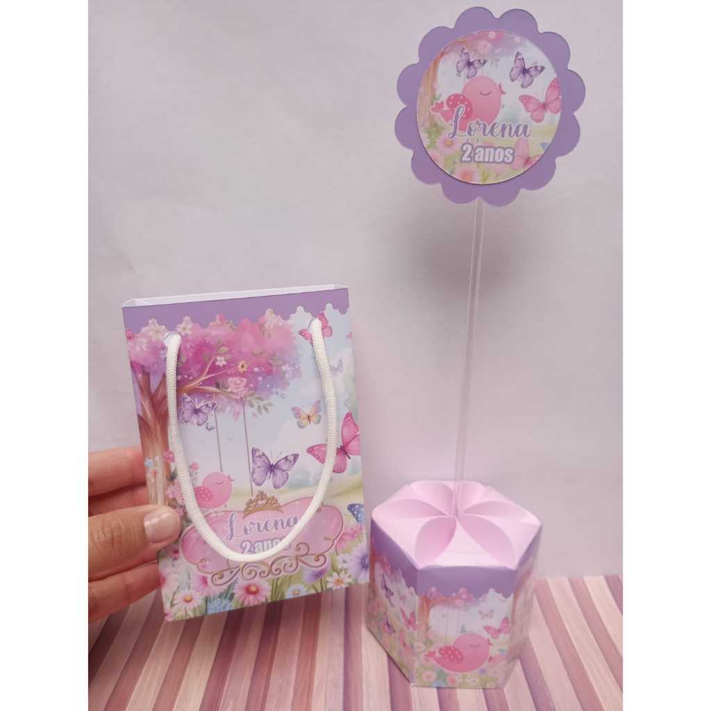 Kit festa PEGUE E MONTE Sacolinha Personalizada e Centro de mesa Jardim Encantado Borboletas Lembrancinha Decoração