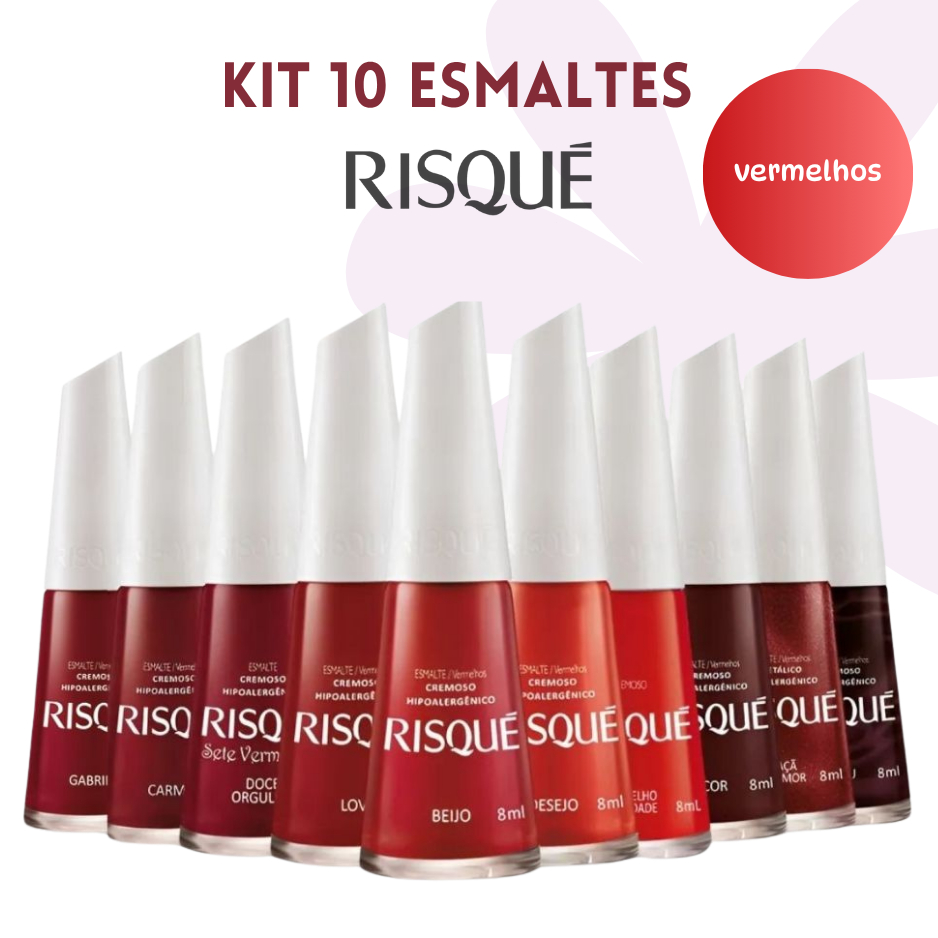 RISQUE UNHAS - KIT 10 ESMALTES VERMELHOS - MANICURE | ATACADO | HIPOALERGÊNICO