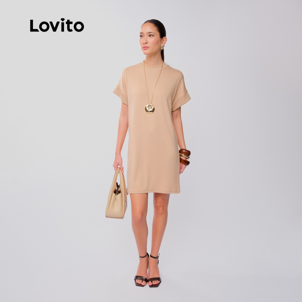 Lovito Vestido Camisetao Manga Curta Elegante Basico Casual Liso Feminino LB897BRL927 em Oferta na Shopee