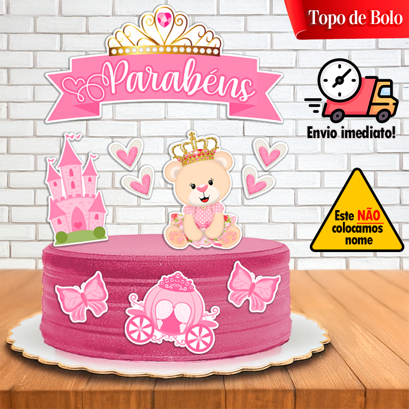 Topo de Bolo Parabéns Ursinha Princesa Rosa - Topper Decoração Festa Infantil