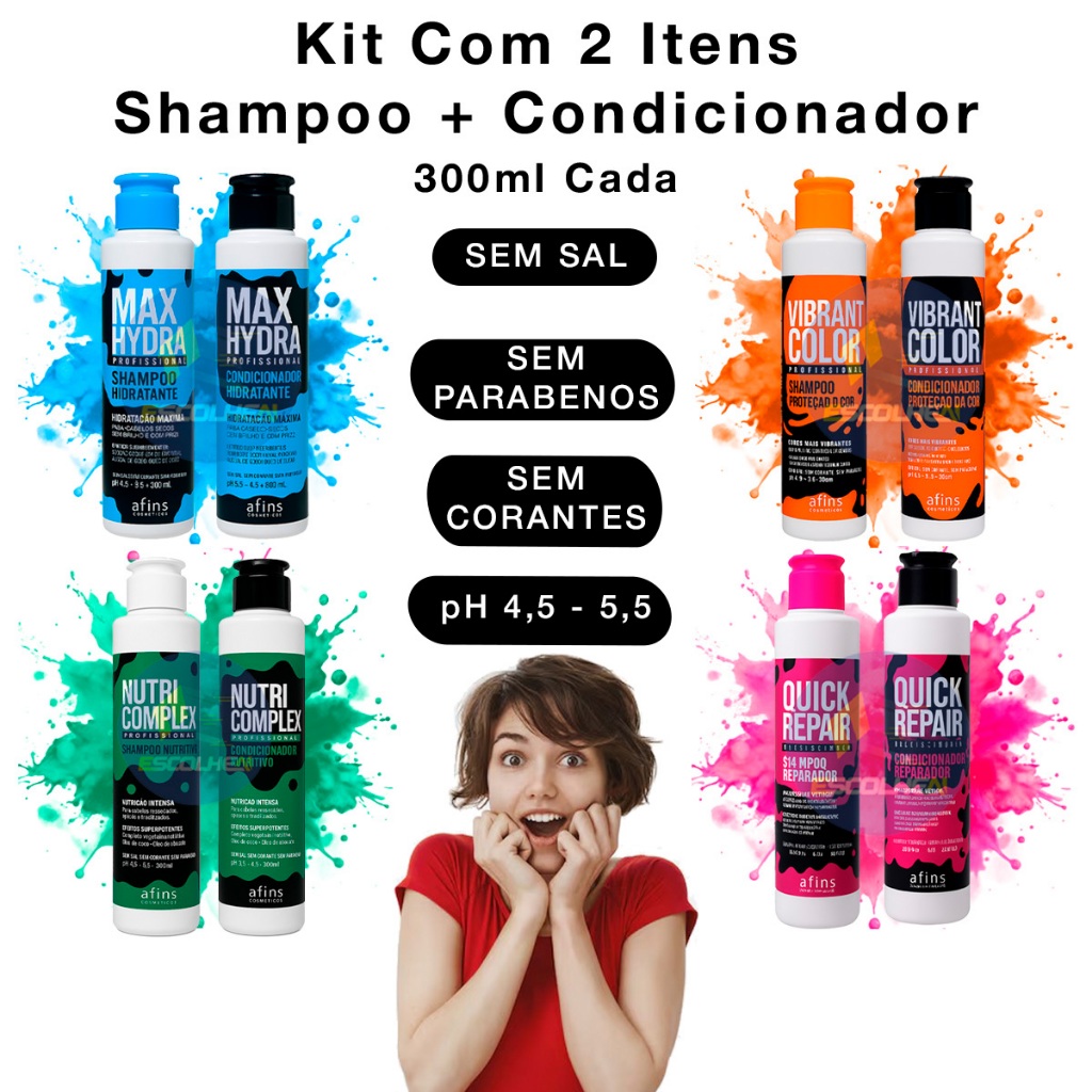 Kit Shampoo + Condicionador 2 Itens 300ml Sem Sal Sem Parabenos Sem Corante