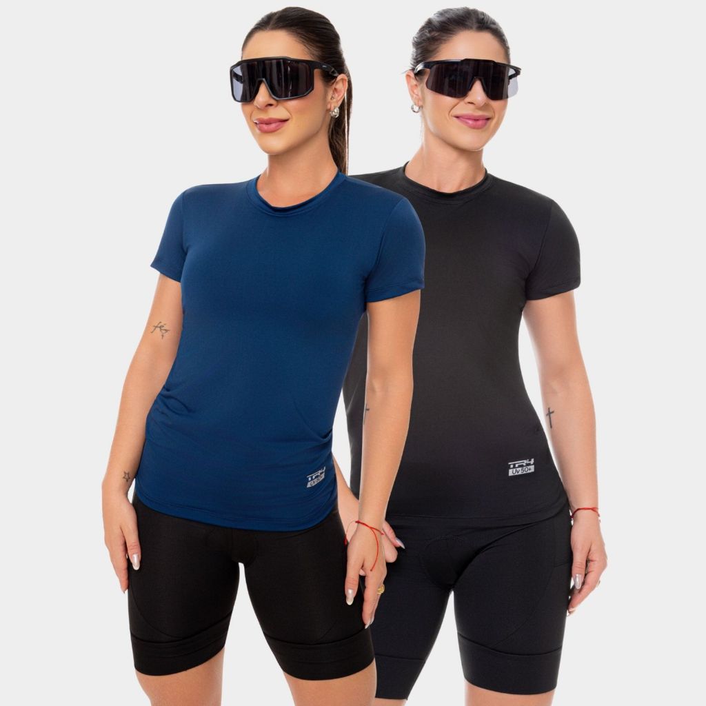2 Camisa Camiseta Blusa Dry Fit Feminina Manga Curta Academia Treino Esporte Corrida Proteção Uv Azul Marinho Preto