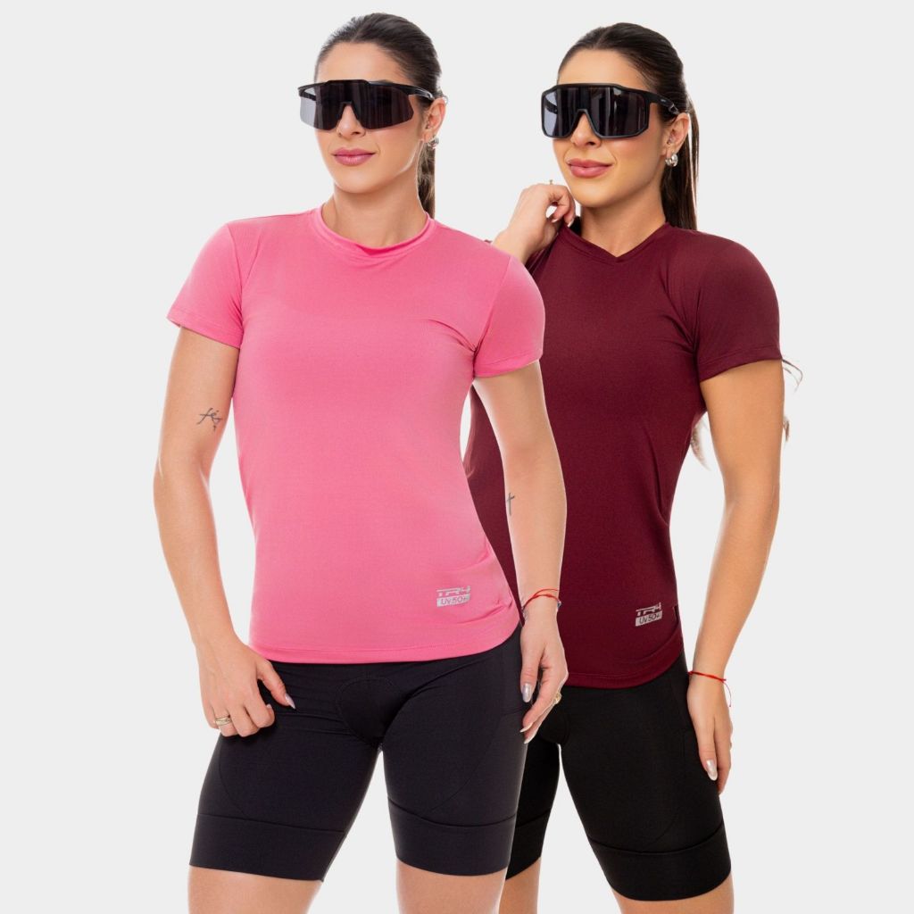 Kit 2 Camisa Camiseta Blusa Dry Fit Feminina Manga Curta Academia Treino Esportiva Corrida Uv Solar Vinho Rosa