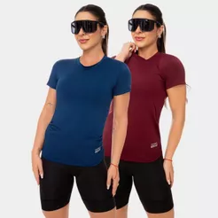Combo 2 Camisa Camiseta Blusa Dry Fit Feminina Manga Curta Academia Treino Corrida Proteção Uv Solar Azul Marinho Vinho