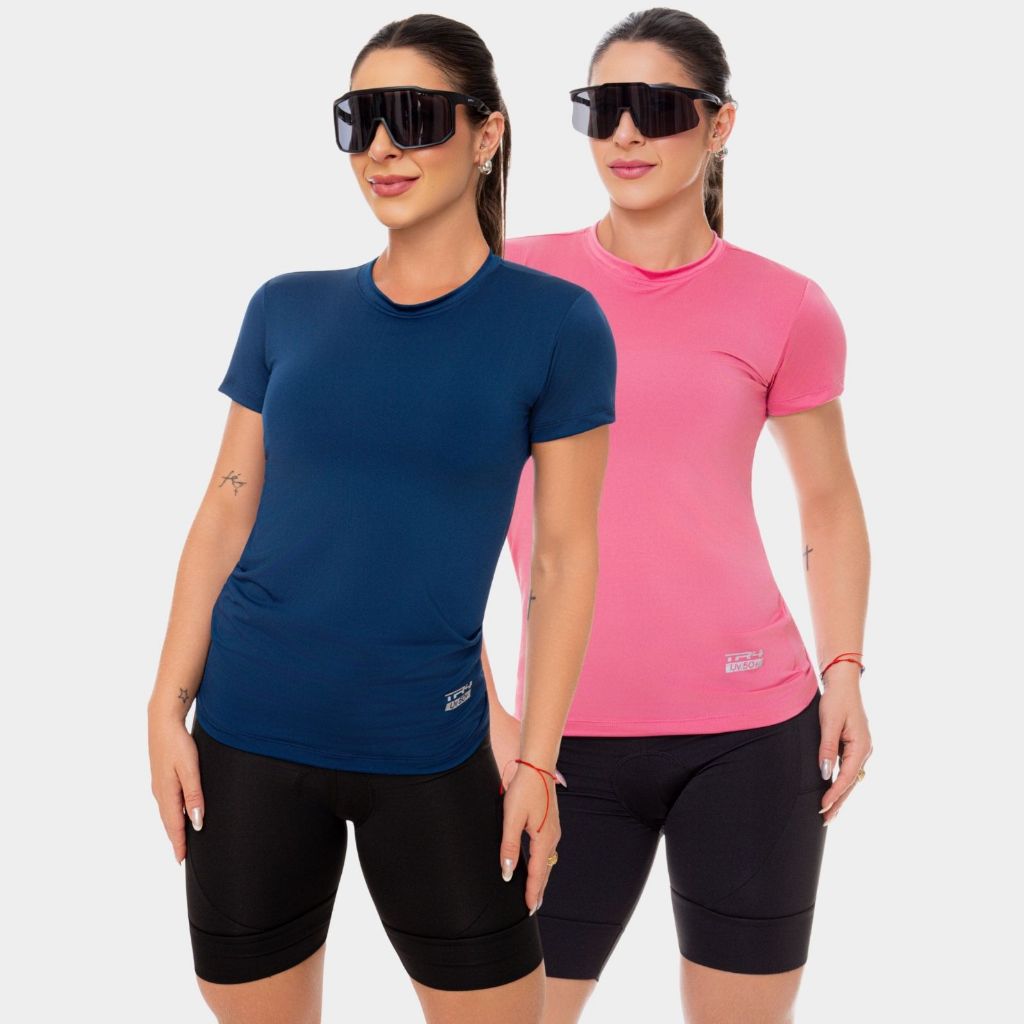2 Camisa Camiseta Blusa Dry Fit Feminina Manga Curta Academia Treino Esporte Corrida Proteção Uv Azul Marinho Rosa