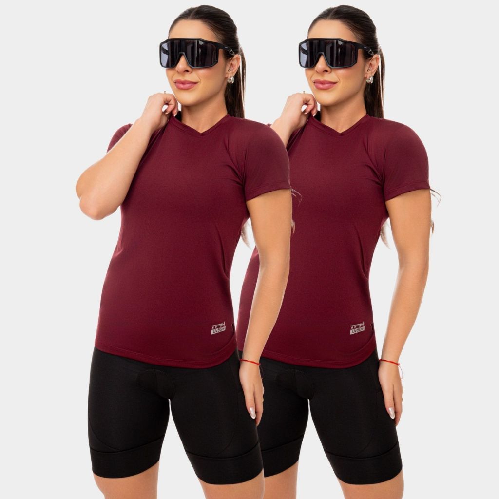 Kit 2 Camisa Camiseta Dry Fit Feminina Manga Curta Academia Treino Esportiva Corrida Proteção Uv Solar Vinho