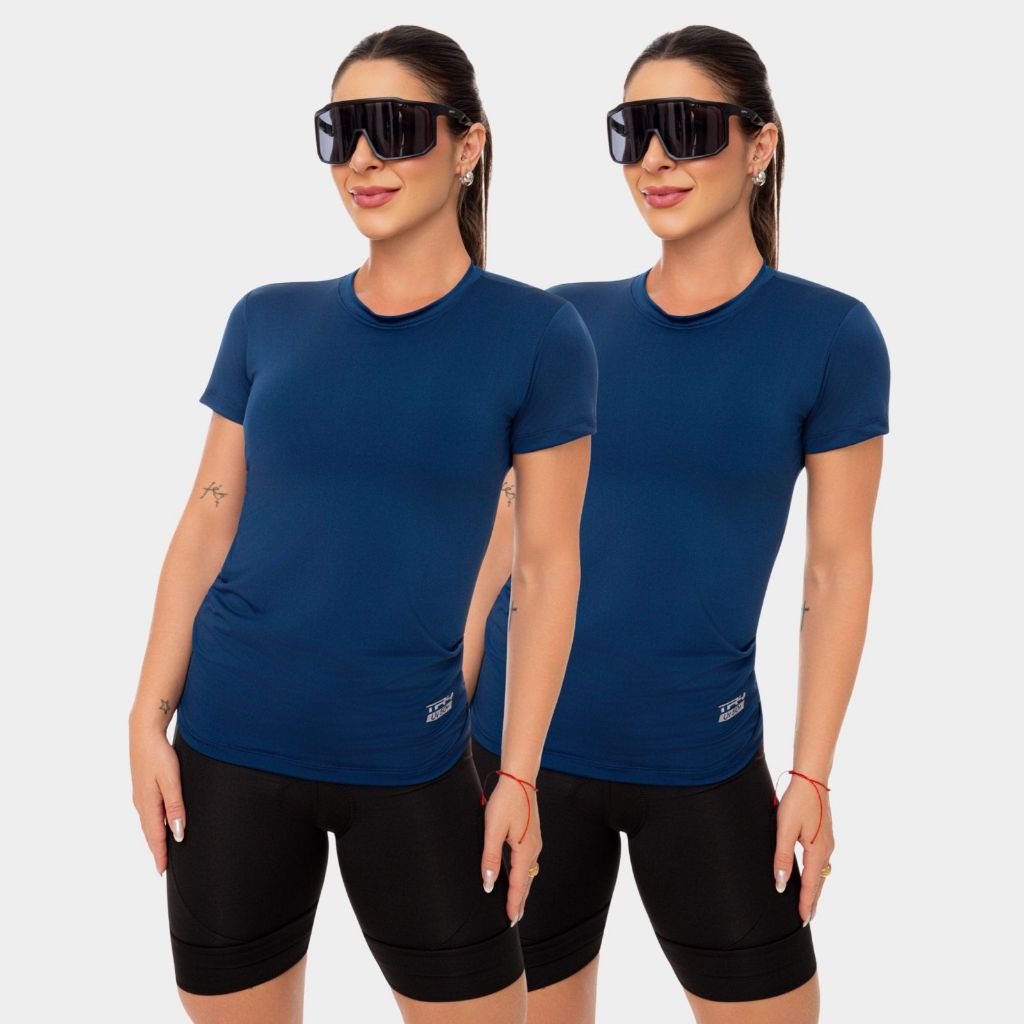 Kit 2 Camisa Camiseta Dry Fit Feminina Manga Curta Academia Treino Esportiva Corrida Proteção Uv Azul Marinho
