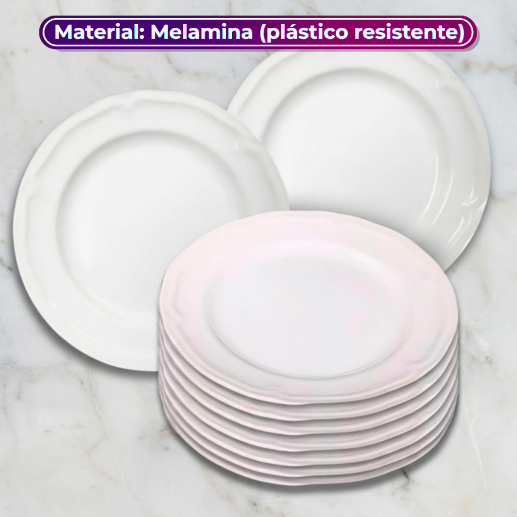 Jogo 6 Pratos Sobremesa 20,5cm Melamina Branca Premium Multiuso Ideal para Restaurante e Buffet