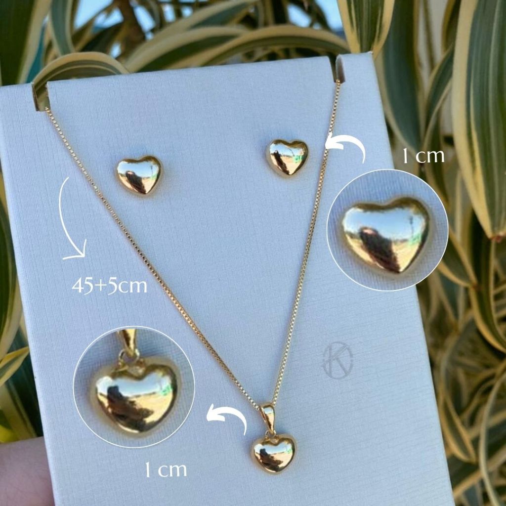Kit Colar Corrente Feminino e Brincos Coração Liso Delicado   Semijóia Banhado Ouro 18k ou Prata 925