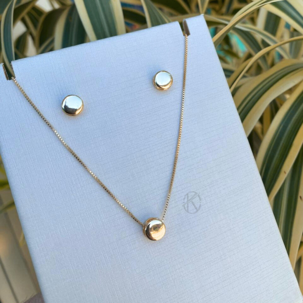 Conjunto Colar Corrente e Brincos Redondo Liso Feminino  Semijóia Banhado em Ouro 18k ou Prata 925