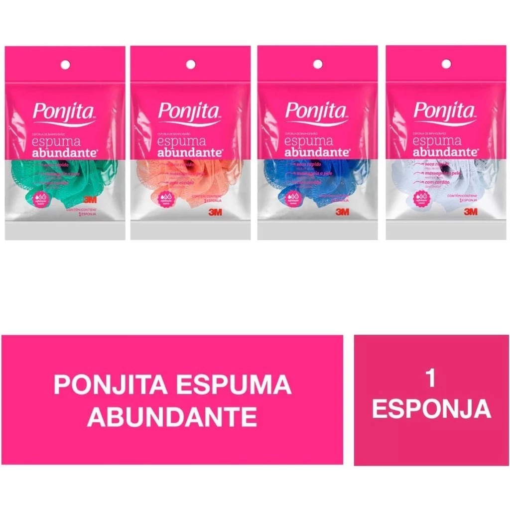 Kit com 2 Esponja para Banho Ponjita 3M Espuma Abundante Massagem Corporal – Cores Sortidas