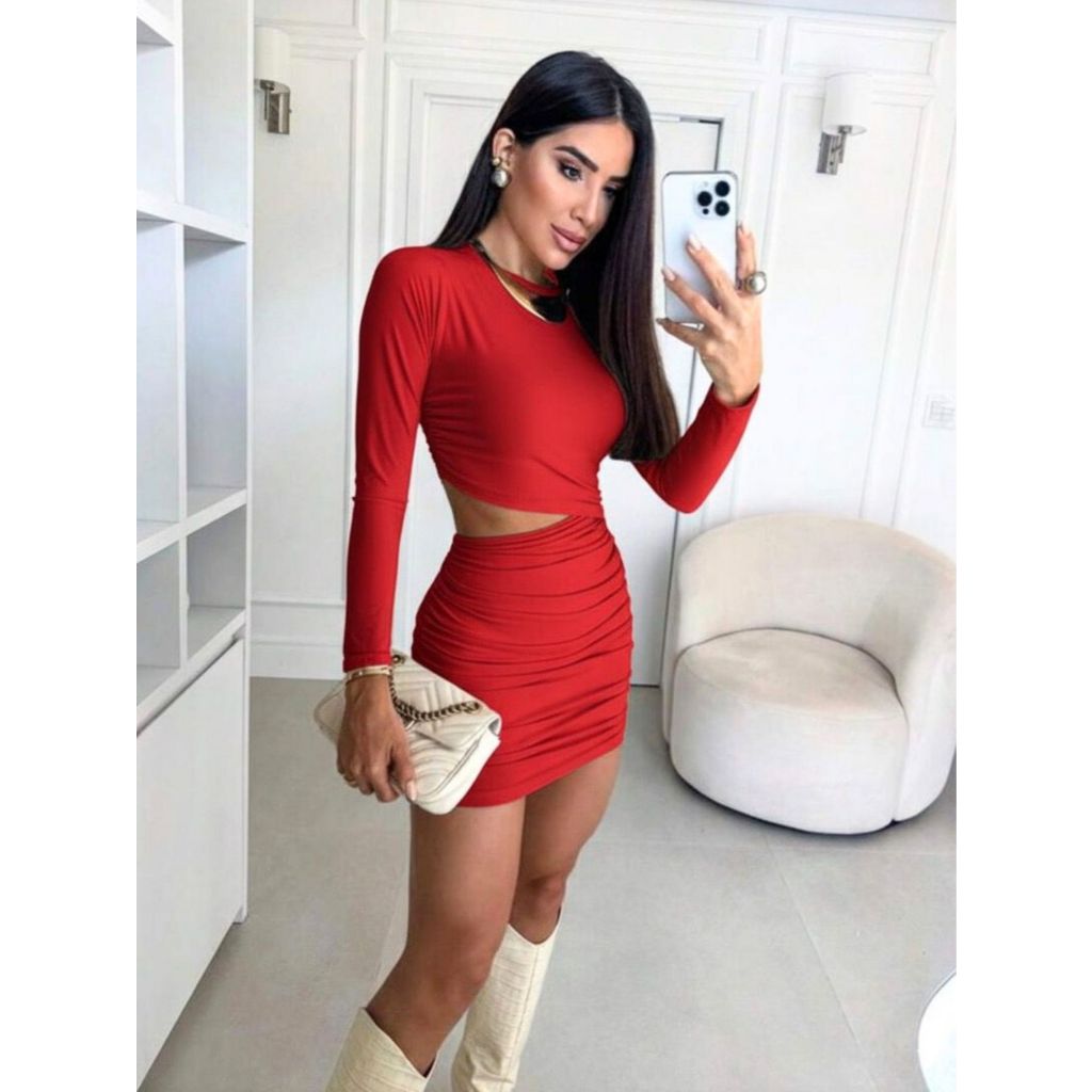 Vestido feminino Com Recorte de manga longa elegante plissado no Suplex em cor sólida para o inverno e verão 1149 em Oferta na Shopee