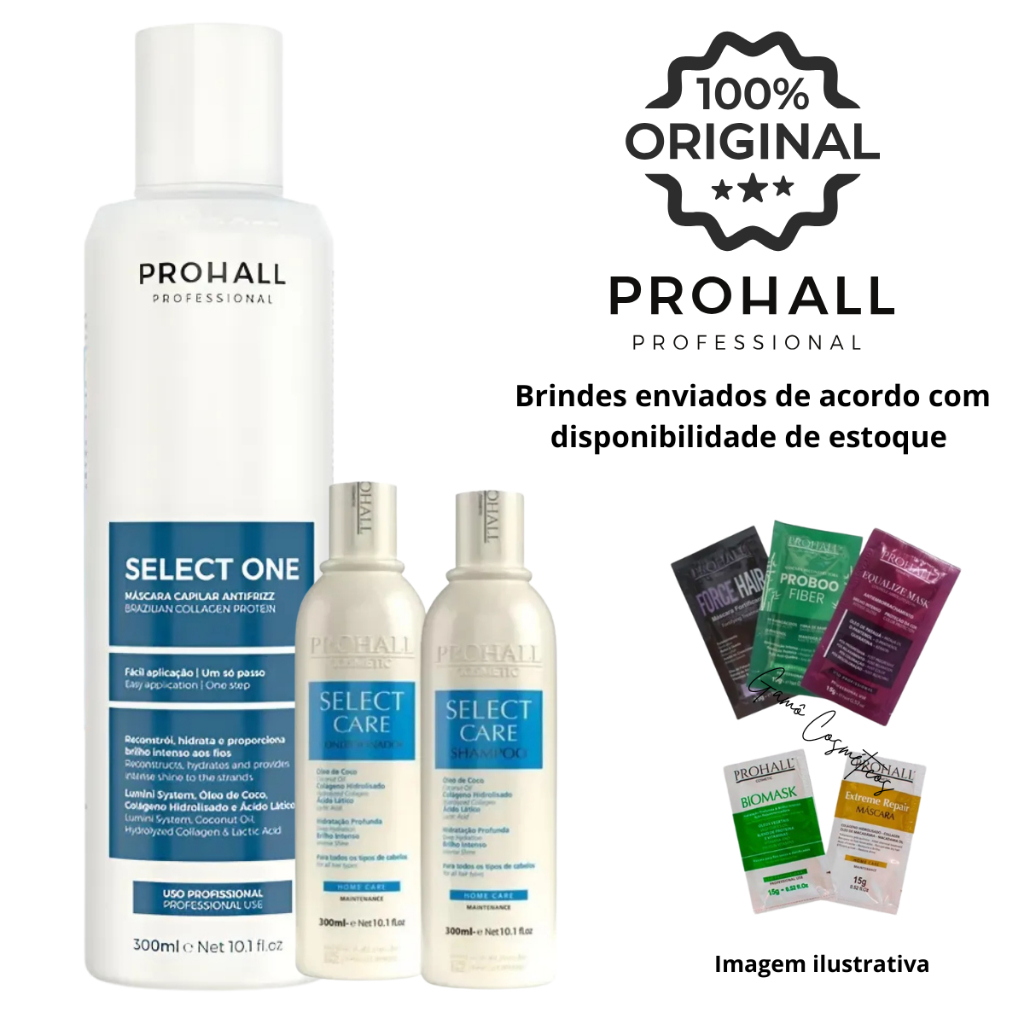 Kit Prohall - Progressiva Select one 300 + Kit hidratação pós progressiva Selecr Care 300ml Prohall