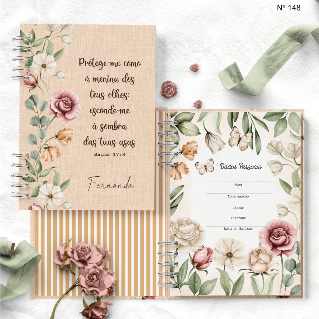 Agenda Permanente Personalizada Floral Rosê A5 – Capa Dura - Miolo decorado e com divisórias