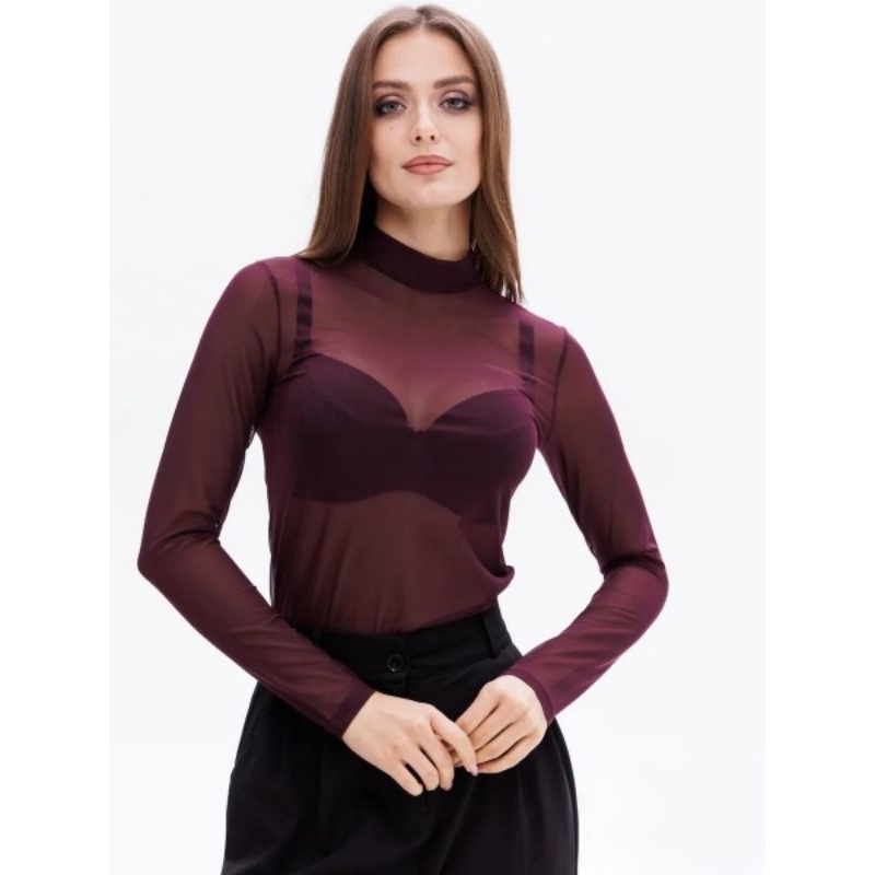 Body Tule Vinho (Bordô/Marsala) – Manga Longa, Transparência Chique, Ajuste Confortável, Tamanho Único PP ao M 34-38