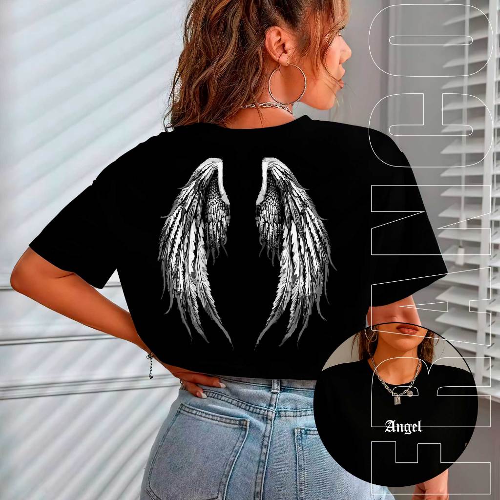 Cropped Oversized Streetwear Blusa Elegantes Feminino Estampada Academia Angel 100% Algodão
