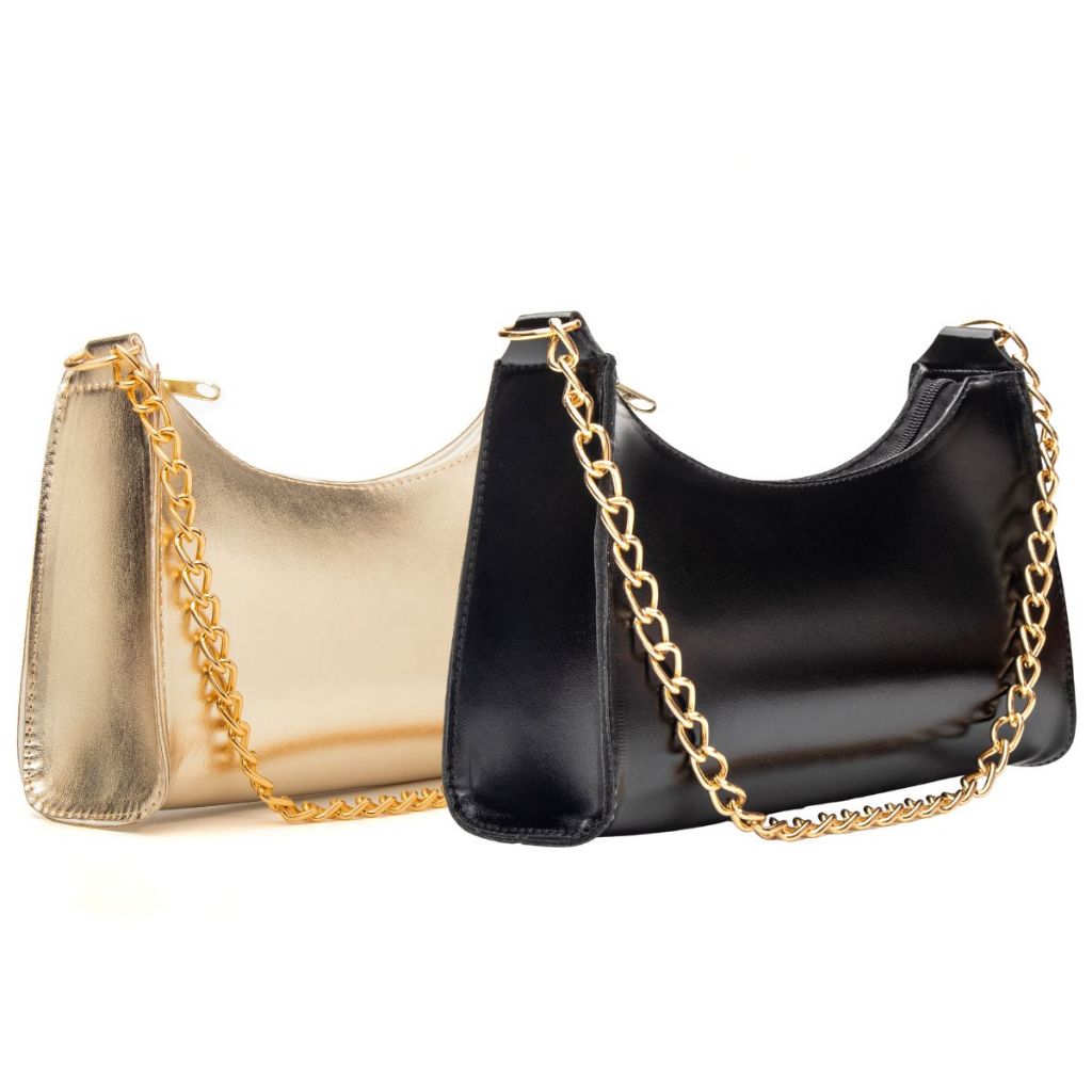 Kit Bolsas Femininas 2 Baguete Metalizada Pequenas Correntes de Ombro e de Mão