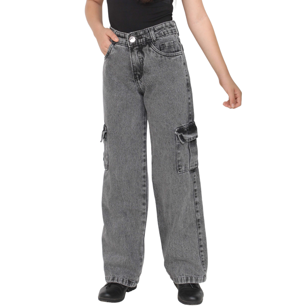 Calça wide leg cargo jeans juvenil infantil menina jeans cintura alta pantalona