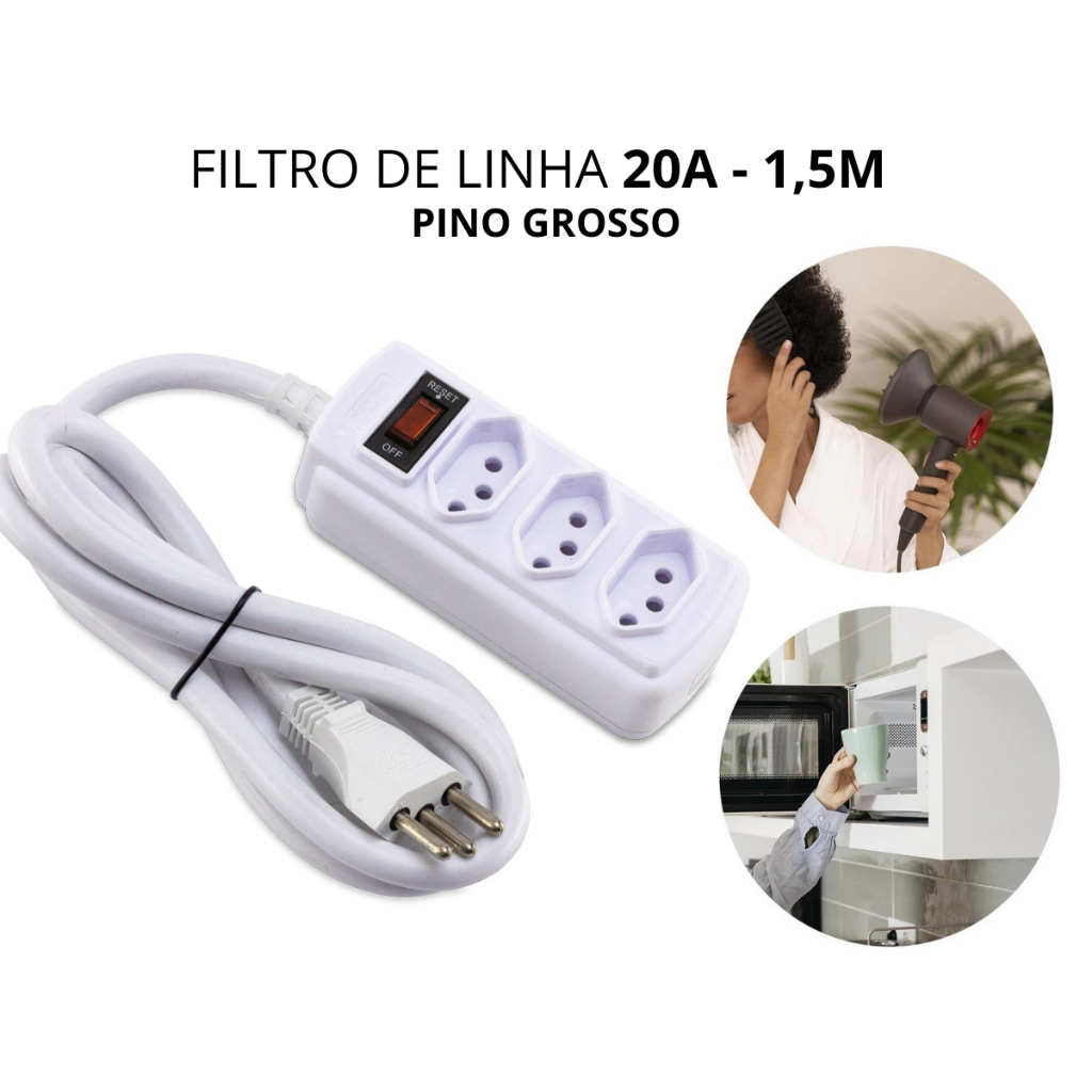 Filtro de Linha 3 Tomadas 1,5m 20A Branco Pino Grosso Bivolt Secador Micro-ondas Force Line