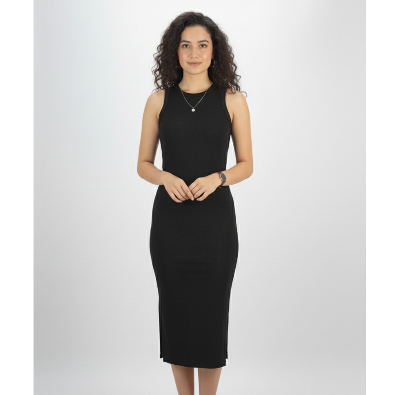 Vestido Midi de Ribana Canelada de Poliéster com Elastano  Feminino de poliéster com elastano – Confortável e Estiloso em Oferta na Shopee