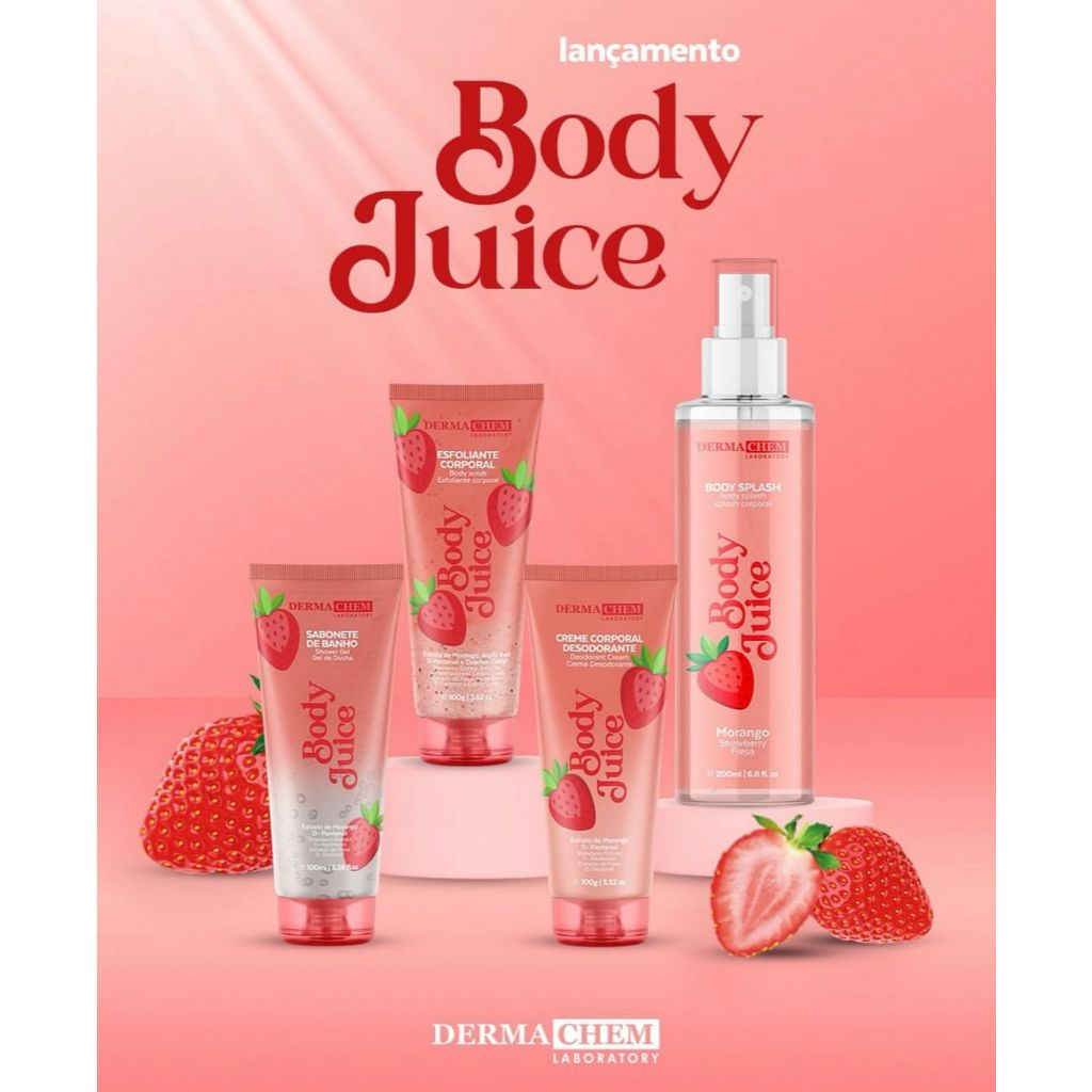 LINHA COMPLETA DERMACHEM BODY JUICY MORANGO - 4 ITENS - BODY SPLASH + ESFOLIANTE + CREME CORPORAL + SABONETE DE BANHO