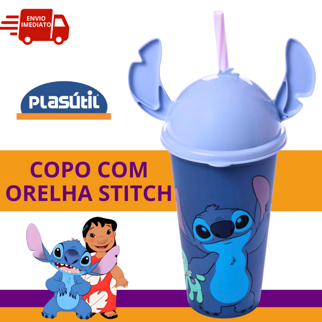 Copo com Canudo e Orelha Stitch Garrafa Refrigerante Disney com Estampa Infantil Plasútil