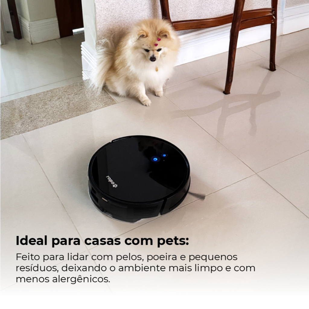 Detalhes do Robo aspirador Ropo Smart Pet Pro Antipelos, Alto Poder de Sucção, com Estação Autolimpante 220V