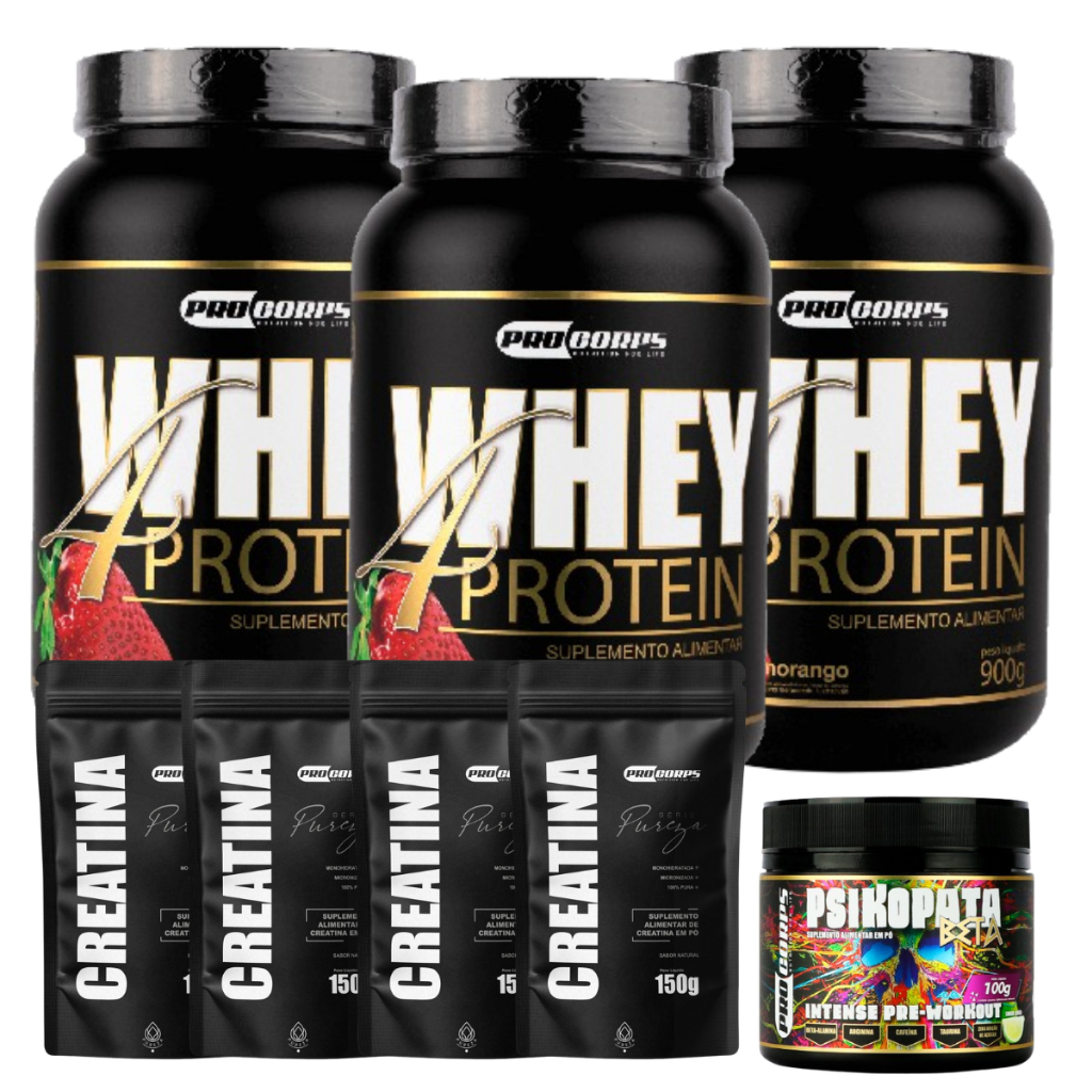 Kit Academia Completo 3 Whey 4 Protein 900g + 5 Creatinas 150g + Pré Treino 100g