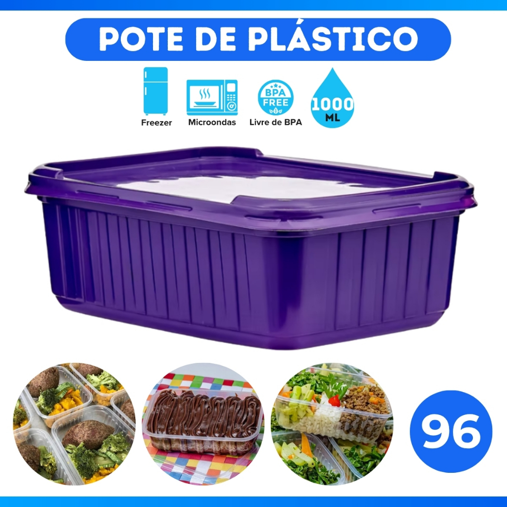 96 Potes Sorvete Açaí 1L Retangular Plástico Roxo c/ Tampa