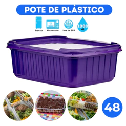 48 Potes Sorvete Acai 1L Retangular Plastico Roxo c/ Tampa