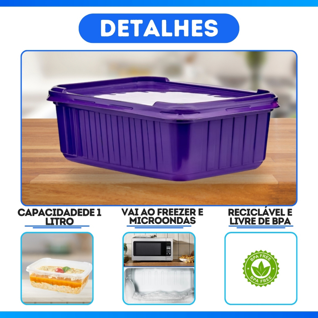 48 Potes Sorvete Acai 1L Retangular Plastico Roxo c/ Tampa — imagem 2 de 2