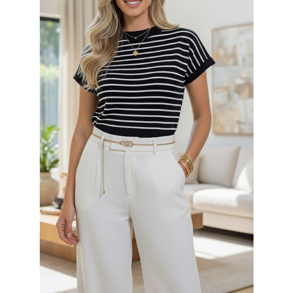 Blusa Manga Curta Listrada Confortavel  Manguinha Tricot Modal