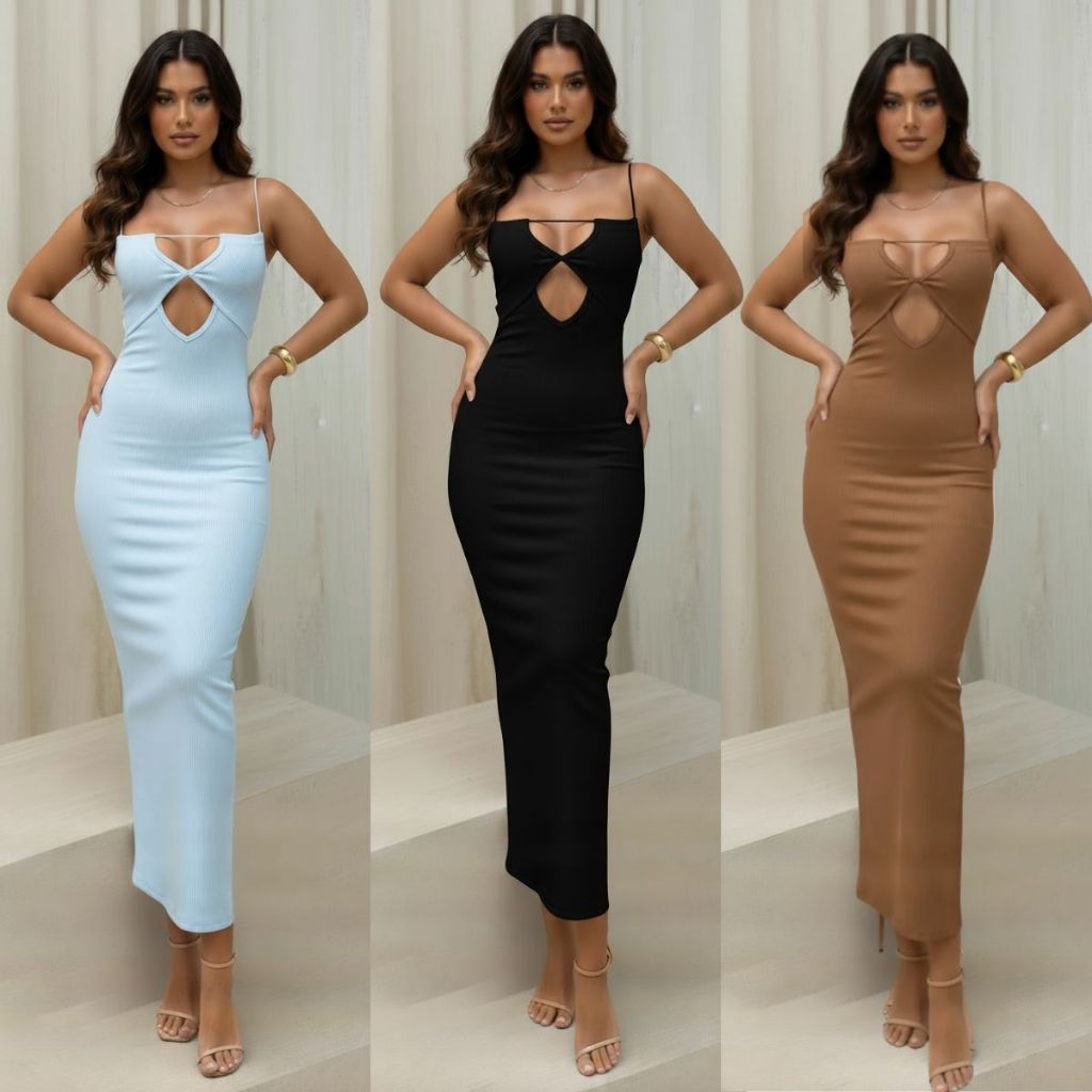 Vestido Feminino Longo Com Decote Abertura Nos Seios Alcinha Moda Feminina Dia A Dia Verao Liso Luxo