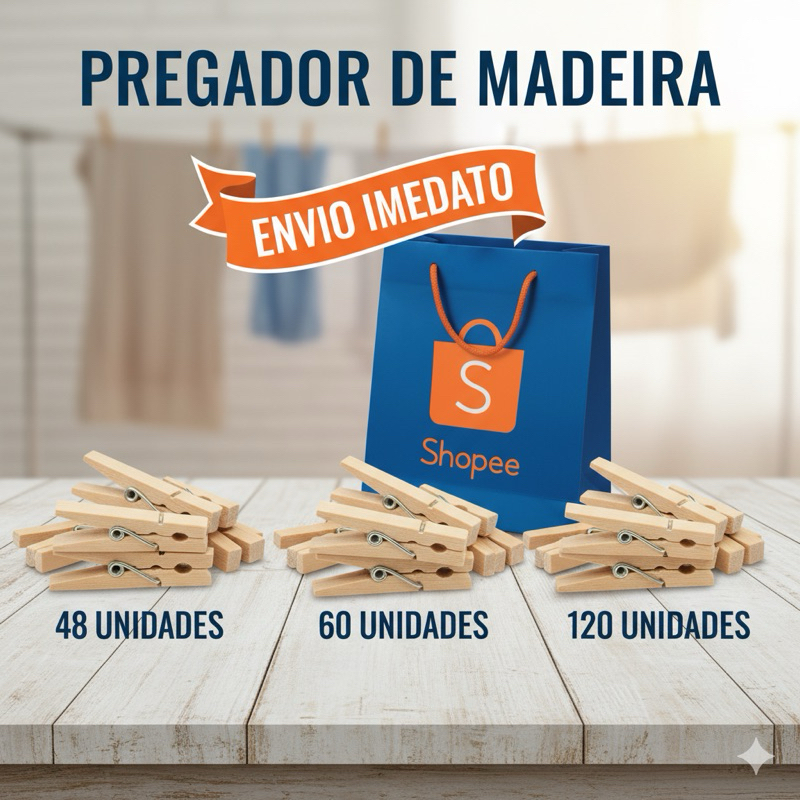 Pregador De Madeira Promoção  Utilidades Casa kit 48 / 96 / 120 -Varal Roupas -Prendedor