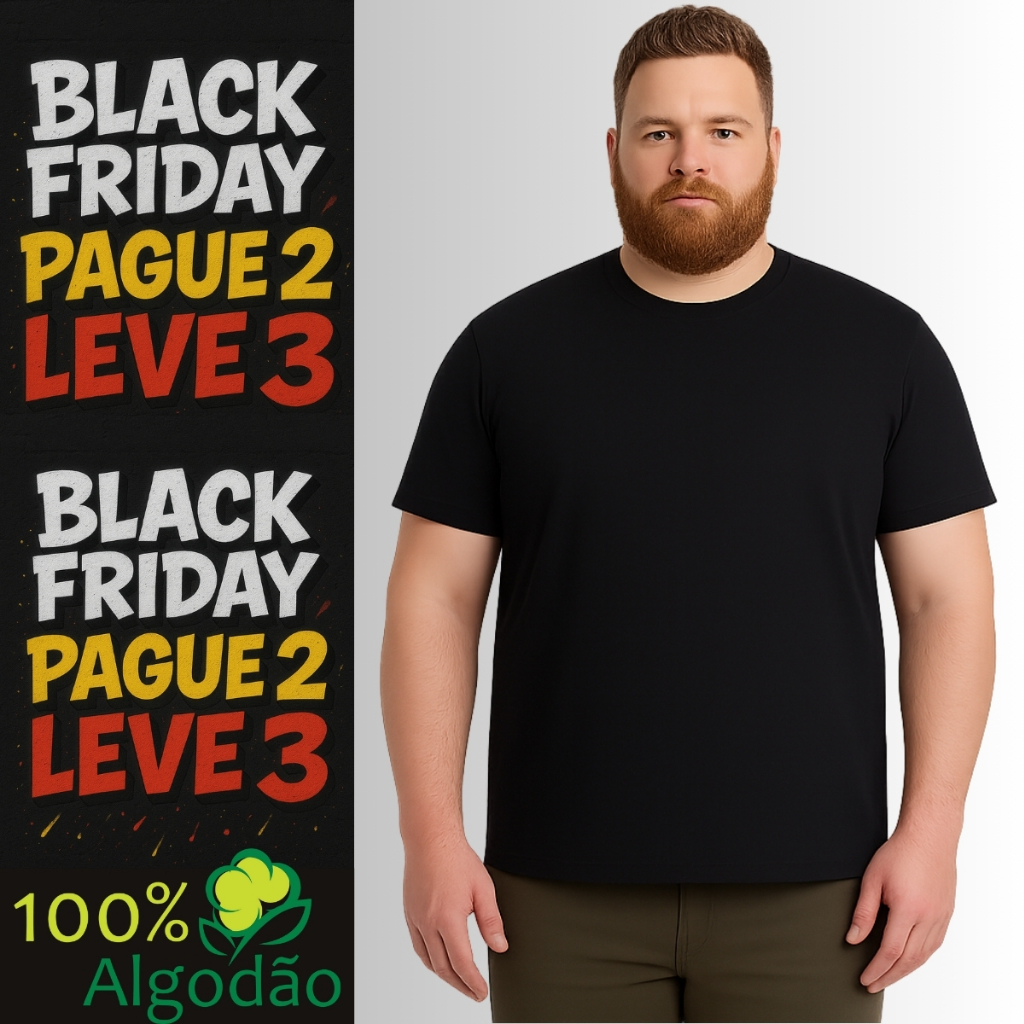 Camiseta Masculina Plus-size Lisa Básica G1 ao G4 Algodão Manga Curta Tradicional Extra Grande Preta