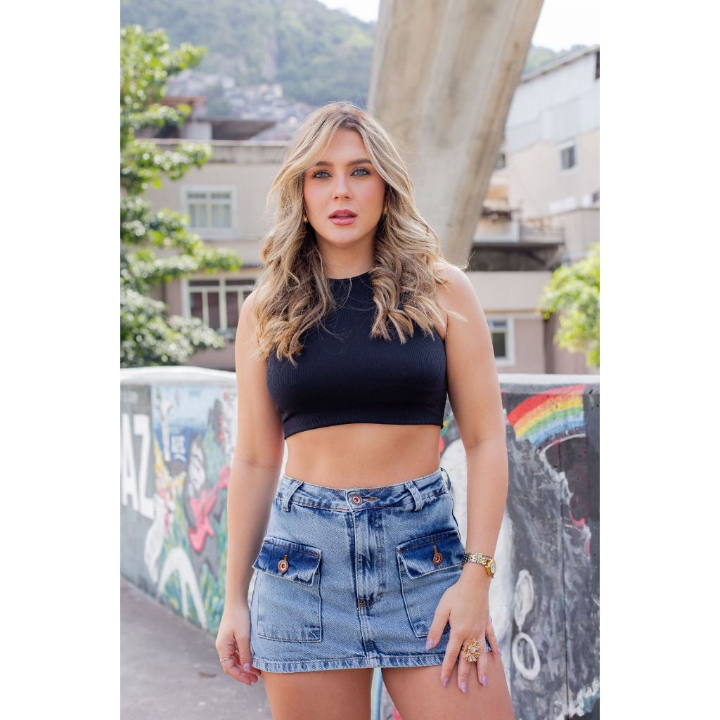Short-saia marmorizado com botão - short saia feminino azul tendencia jeans cronicas jeans