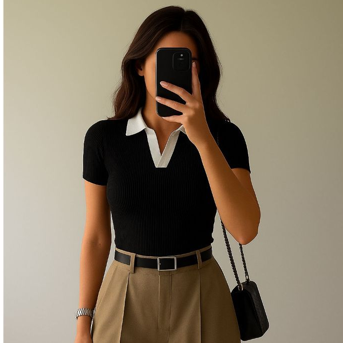 CAMISA POLO FEMININA BICOLOR MANGA CURTA CANELADO PREMIUM BASICA