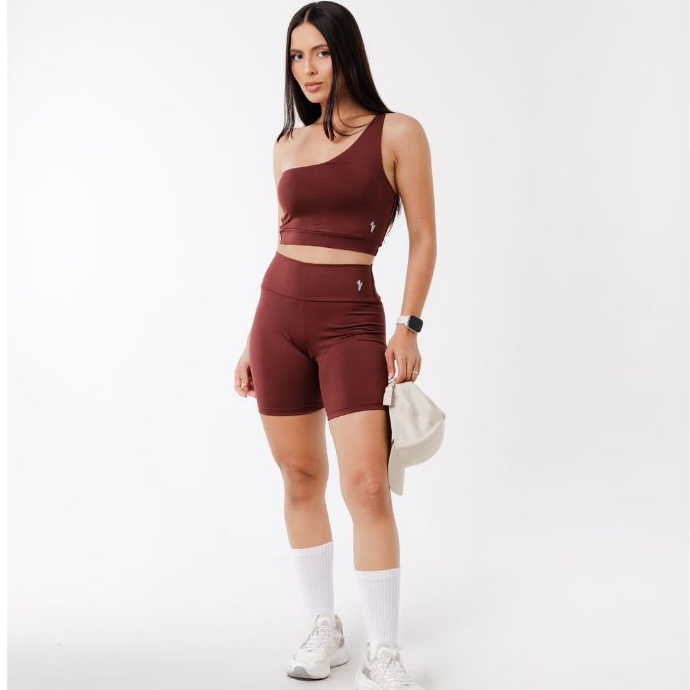 Conjuto Fitness um ombro Cropped e Short - 08 Clara, Academia, Crossfit, Corrida