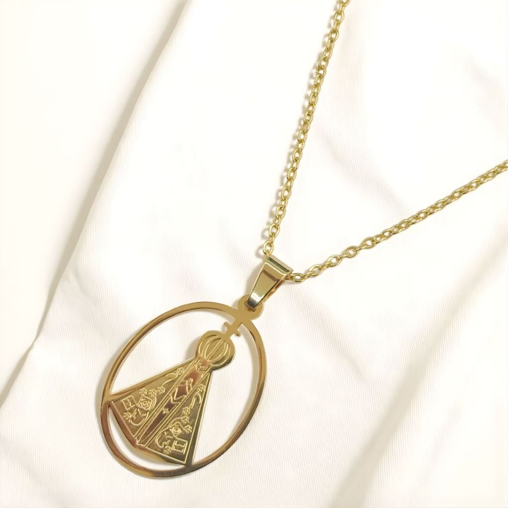Colar Folheado a Ouro 18K C/ Pingente Nossa Senhora Aparecida Hipoalergênico