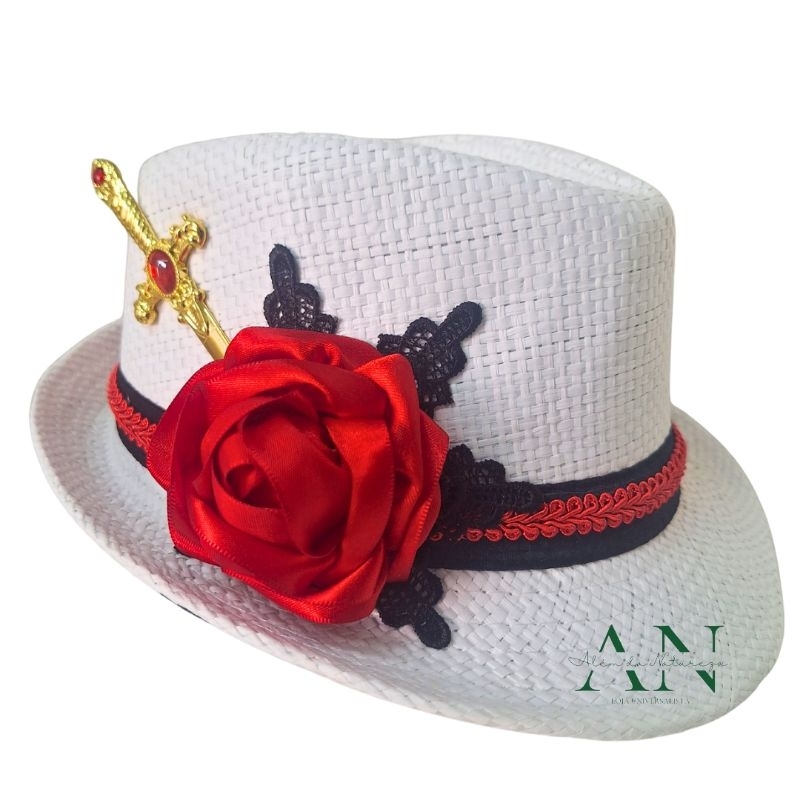 Chapéu Branco Lindíssimo com Rosa Vermelha e Punhal Dourado Maria Navalha Umbanda e Candomble