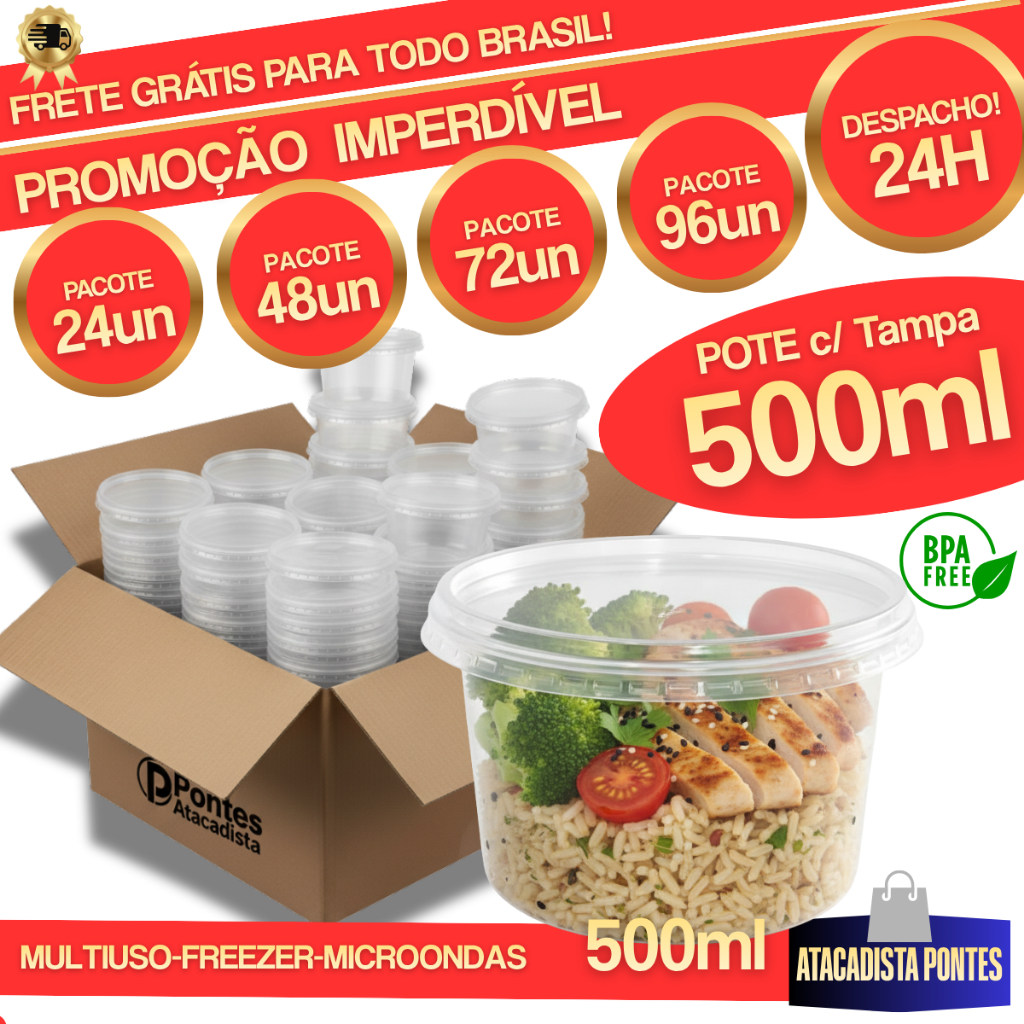 Pote Redondo Com Tampa - 500ml - Freezer Microondas Marmitas Doces Alimentos  Rioplastic