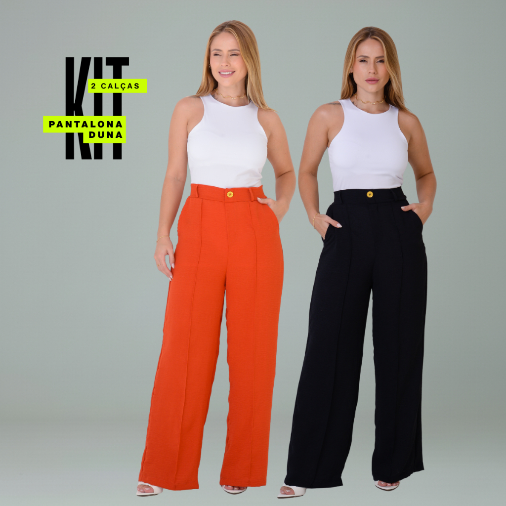 Kit 2 Calça Pantalona Feminina Wide Leg Duna Lisa Botão Verão Tendência