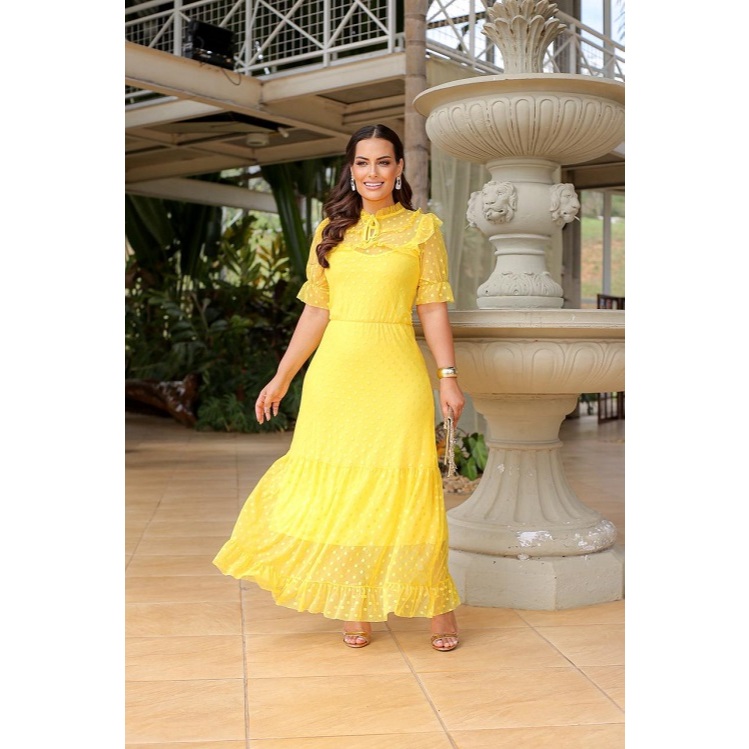 Vestido Clarice Longo Poá em Tule Forrado Moda Evangélica -Casamento Festa Noivado em Oferta na Shopee